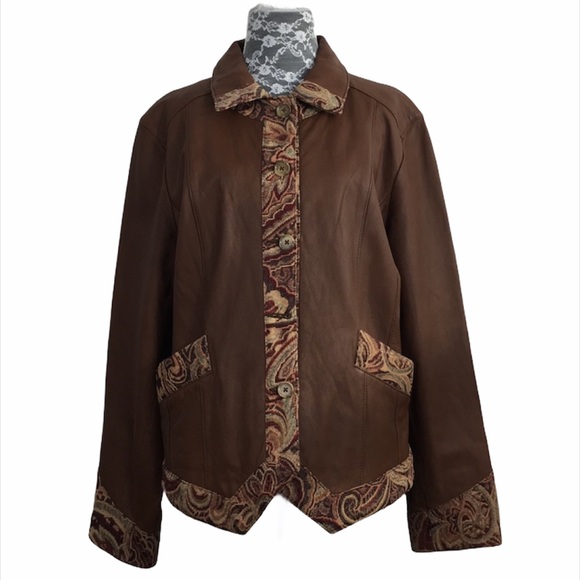 Coldwater Creek Jackets & Blazers - Coldwater Creek Brown Leather Tapestry Trim Jacket